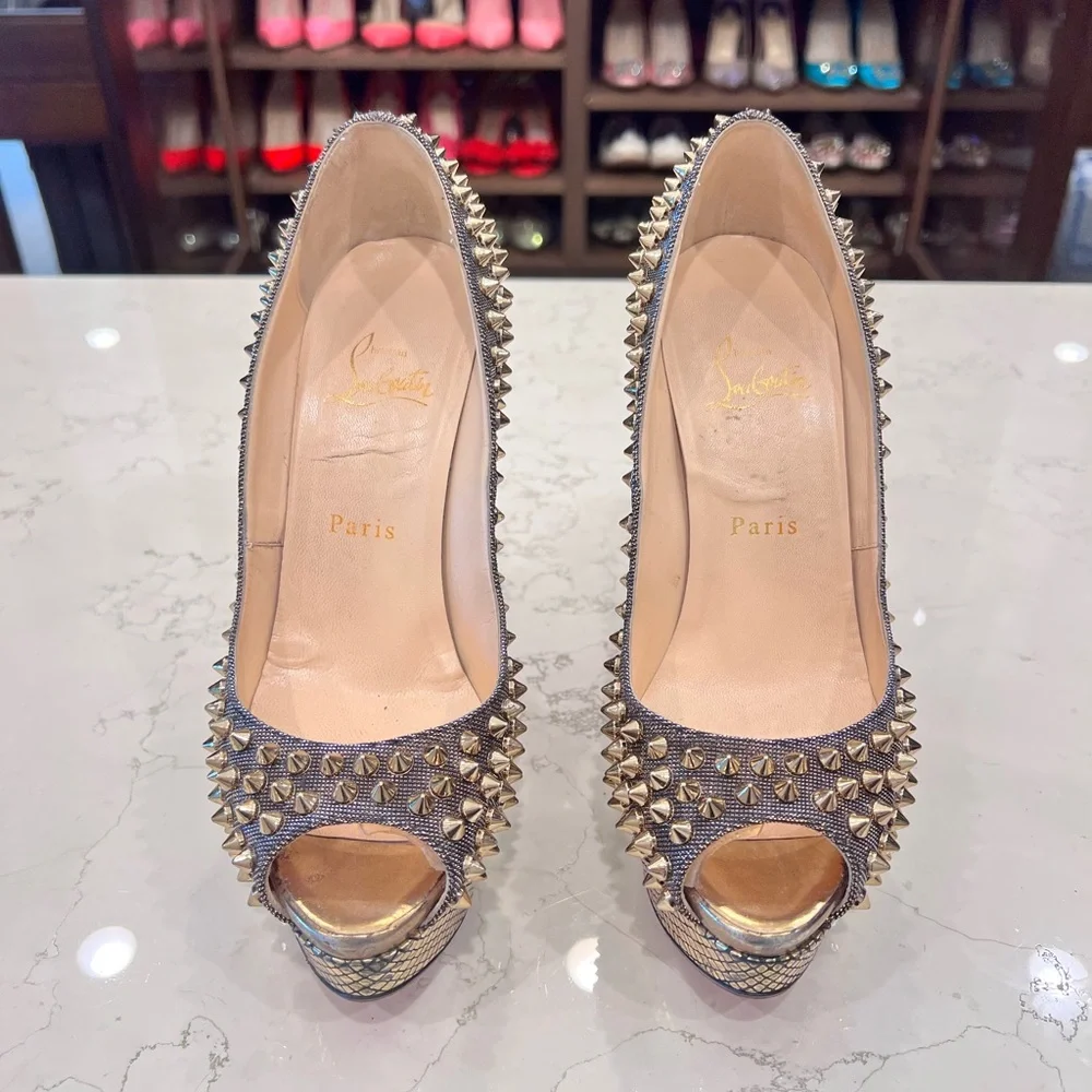 Rare Christian Louboutin Lady Peep Spikes Hematite/Bronze Strass 37.5 - Picture 7 of 15